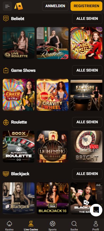 Live-Casino-Bereich im Slotlair